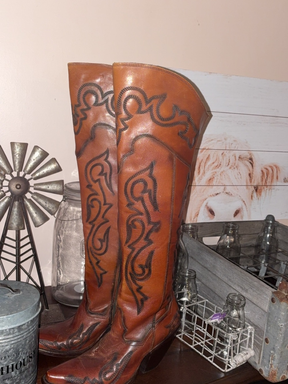 Dan Post Tall Brown Leather Western Boots with Black Stitching